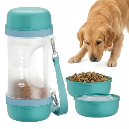 Dog Water Bottle 33.5 Oz with Food Container & 2 Detachable Bowls, BPA-Free - Portable Travel Water Bowl with Shoulder Strap, Leak-Proof Pet Dispenser for Dogs Walking, Hiking, Beach