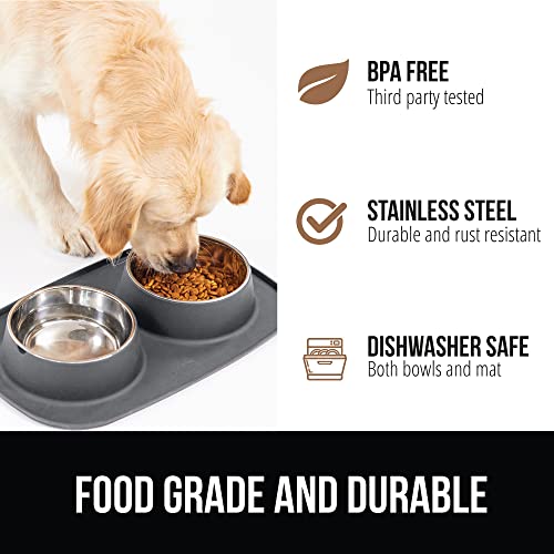 GORILLA GRIP Dog Bowl Set with Slip Resistant Silicone Feeding Mat, Food Grade 304 Stainless Steel Bowls, BPA Free, High Edge Spill Containment, Dishwasher Safe, Finger Notch Removal, 2 Cup, Gray - color: Gray, size: 2 Cup Bowls