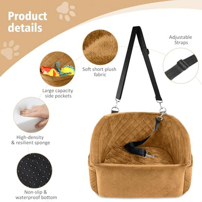 NEEZUKAR Dog Car Seat for Small Medium Dogs,Detachable Washable Dog Booster Seat Under 30lbs,Pet Car Seat Travel Bed with Storage Pockets and Dog Safety Belt（Brown - color: Brown