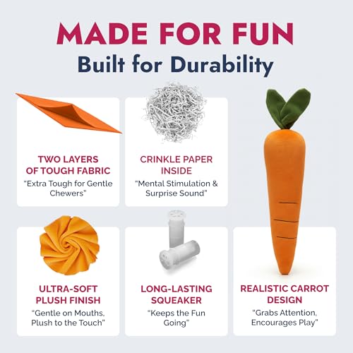 PetLou 15 Inch Carrot Plush Dog Toy for Soft Chewers, Durable Squeaky & Crinkle, Anti Boredom Chew Toy for Dogs, Cute Soft Stuffed Calming Indoor Pet Toy for All Dog Breeds