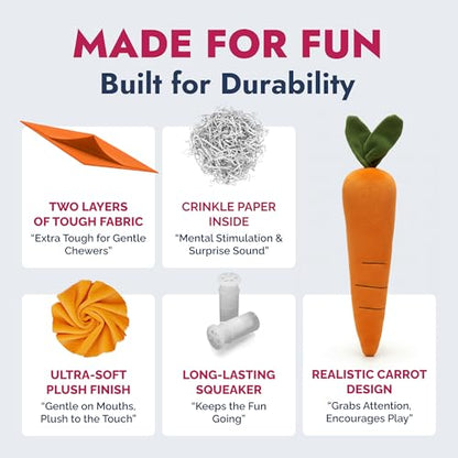 PetLou 15 Inch Carrot Plush Dog Toy for Soft Chewers, Durable Squeaky & Crinkle, Anti Boredom Chew Toy for Dogs, Cute Soft Stuffed Calming Indoor Pet Toy for All Dog Breeds