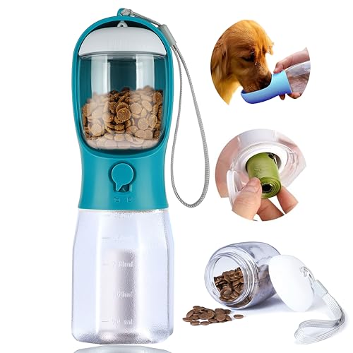 Dog Water Bottle with Food Container, Portable Pet Dog Water Dispenser for Outdoor Walking,Hiking,Travel,Puppy Essentials,Puppy Supplies,Replaceable Waste Bags - color: indigo green, size: 15oz