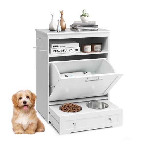 Dog Feeding Station, Dog Food Storage Cabinet w/Double Raised Dog Bowls, Pull Out Design, Large Dog Feeder Station Container for Pets Toy, Feeding & Watering Supplies (White) - color: White