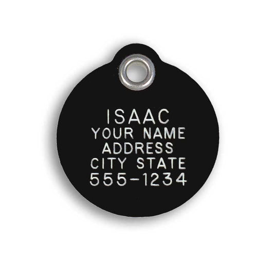 LuckyPet Pet ID Tag - Small Round Black Plastic Tag - Durable, Easy to Read, Custom Engraved for Dogs & Cats. Reflective Coating on Back. - color: Black (Plastic), size: Small (7/8" diameter)
