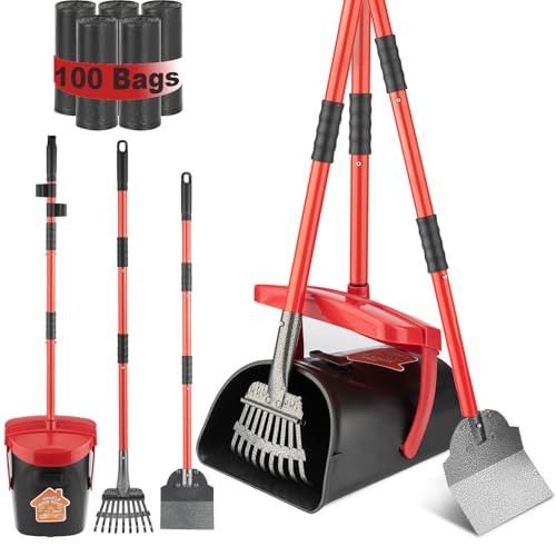 HUZSV Dog Pooper Scooper With Bag Attachment,Heavy Duty Metal Rake&Spade Swivel Bin,NonBreakable Poop Scoop for Small Large Dogs,Includes 100 Waste Bag Odorless Design Easy to Use on Grass,Dirt,Gravel