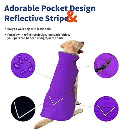Petglad Dog Coat, Waterproof Dog Winter Jacket with Pocket, Reflective Adjustable Pet Snow Vest, Warm Cozy Fleece Sweater for Small Medium Extra Large Dogs - Purple, L - color: Purple, size: L(Chest Girth:20.1-26.8")
