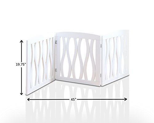 Wooden Pet Gate, Foldable and Freestanding, For Indoor Home and Office Use. Keeps Pets Safe [White Cascade Wave Decorative Design. Easy Set Up, No Tools Required]