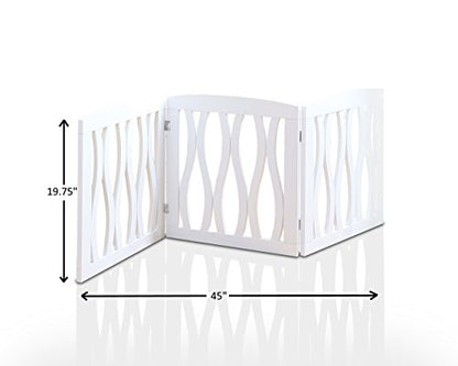 Wooden Pet Gate, Foldable and Freestanding, For Indoor Home and Office Use. Keeps Pets Safe [White Cascade Wave Decorative Design. Easy Set Up, No Tools Required]