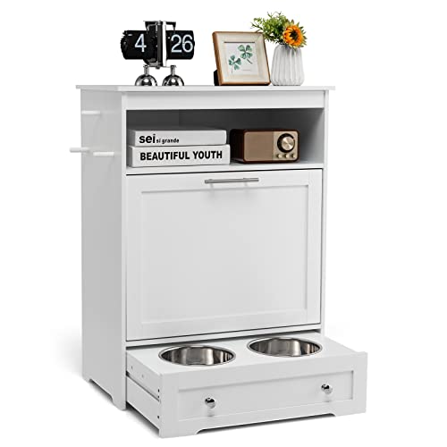 PETSITE Large Pet Feeder Station, Dog Food Storage Cabinet with Stainless Steel Double Pull Out Raised Dog Bowls for Feeding & Watering Supplies, Pet Toy Storage Organizer, White - color: White