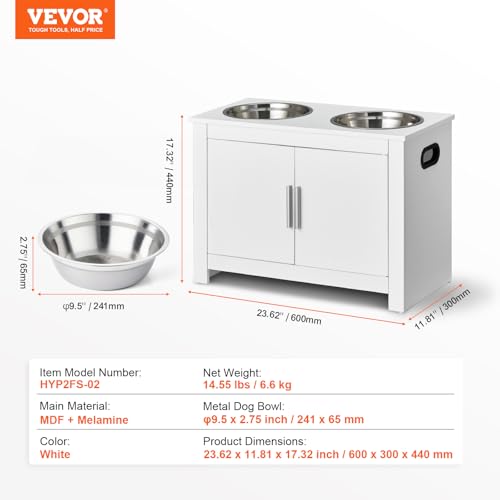 VEVOR Elevated Pet Bowls with Storage Cabinet, Feeding Station with 2 Raised Bowls, Wooden Stand with Handles & Magnetic Doors, Pet Feeder & Toy Organizer, White - size: 23.62x11.81x17.32 inch