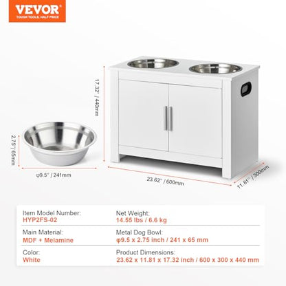 VEVOR Elevated Pet Bowls with Storage Cabinet, Feeding Station with 2 Raised Bowls, Wooden Stand with Handles & Magnetic Doors, Pet Feeder & Toy Organizer, White - size: 23.62x11.81x17.32 inch
