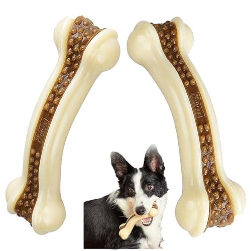 Dog Bones Chew Toys for Aggressive Chewers, 2 Pack Real Beef Flavor,Indestructible Dog Teething Chew Toys for Large/Medium/Small Breed,Tough Toy with Durable Nylon - size: 2 Pack