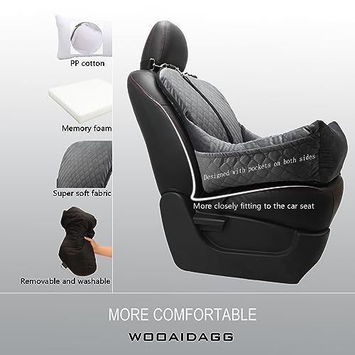 WOOAIDAGG Dog Car Seat,Fully Detachable and Washable Cover,Easy to Assemble,Comfy Cushion Fill in Memory Foam,2 Clip-On Safety Leashes and Storage Pockets (Grey) - color: Grey