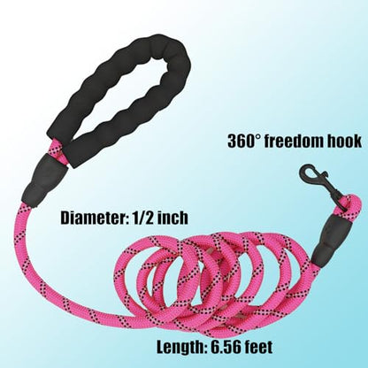 Heavy Duty Rope Dog Leash, 6.5 FT with Comfortable Padded Handle & Highly Reflective Threads, Tangle-Free Training Walking Leash for Small, Medium and Large Dogs (Pink, 6.5FT)
