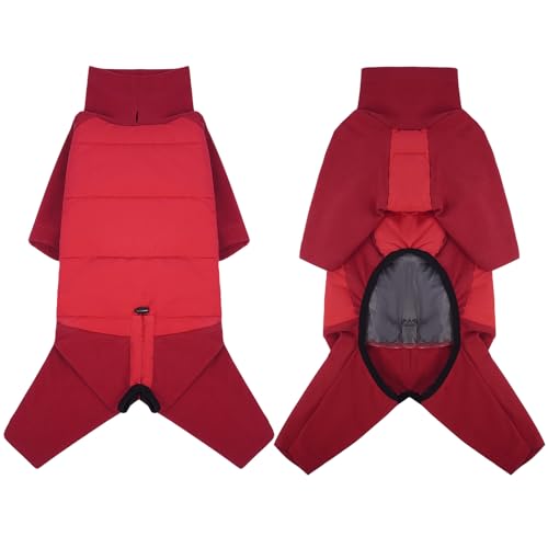 ROZKITCH Full Body Dog Winter Coat Warm Fleece Pullover Pajamas, Four Legs Covered Windproof Dog Jacket for Small Dogs, Turtleneck Dogs Snowsuit, Pet Cold Weather Clothes Red XS - color: Red, size: XS(Chest: 18-21"; Back:14-15")