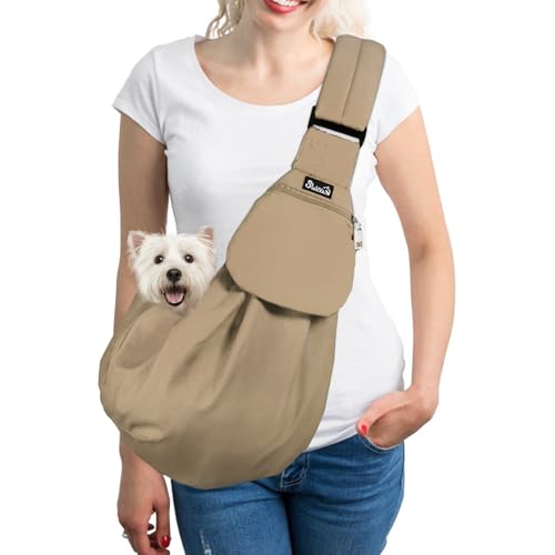 SlowTon Dog Carrier Sling - Thick Padded Shoulder Strap Adjustable Dog Carriers for Small Dogs, Puppy Carrier Purse for Pet Cat with Front Zipper Pocket Safety Belt Machine Washable (BRN, M) - color: L-Brown Water-Resistant