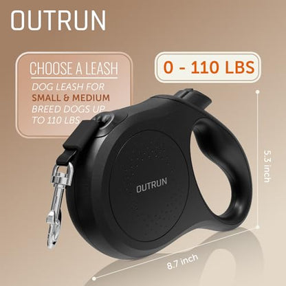 OUTRUN Retractable Dog Leash 26 FT Walking Leash up to 110 lb, Strong Nylon Tape No Tangle, Heavy Duty One-Handed Brake Lock, Black