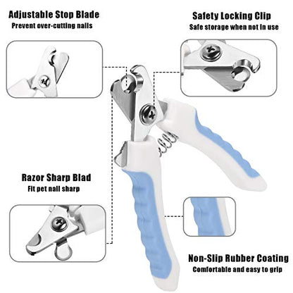 Mudder 4 Pieces Dog Nail Clippers Kit Dog Cat Pets Nail Clippers and Trimmers with Safety Guard to Avoid Over Cutting for Large Small Animals Pet Grooming (Blue and White)