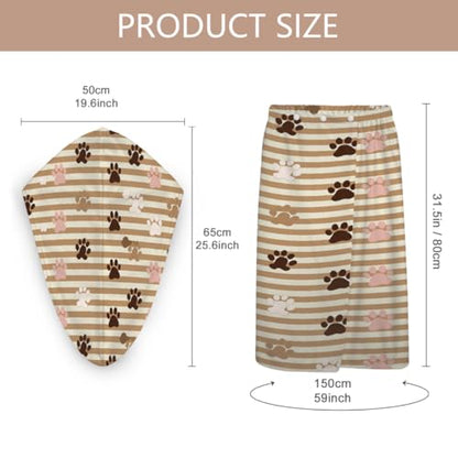 Dog Paw Stripes Microfiber Bathrobe and Hair Towel Wrap Set for Women Quick Dry Shower Towels Wrap Absorbent Soft Bath Robe and Hair Drying Cap for Spa After Shower