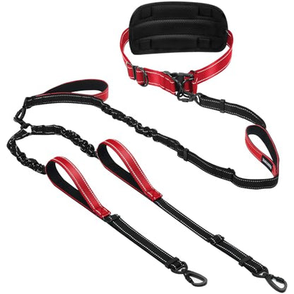 Hands Free Leash for 2 Large Dogs, No Tangle Waist Walking Bungee Leash, 6-8 FT Double Dog Leashes(50-150 lbs) - color: 2 Dog – Sunset Red