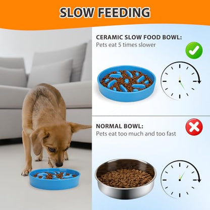 Ceramic Slow Feeder Dog Bowl, 2 Cups Dog Food Bowls for Small, Medium, and Large Breed, Anti-Slip Puzzle Food Dish to Slow Down Eating (Blue, 2 Cups) - color: Maze - Blue