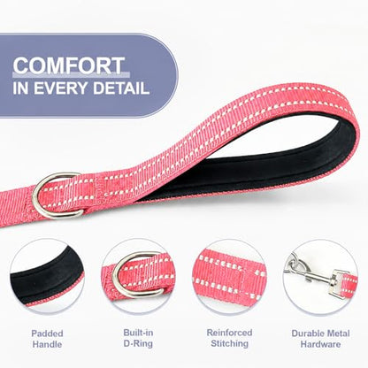 Double Dog Leash for Two Dogs, Complete Set with 31.5" Main Leash + Adjustable Splitter, Padded Handle, D-Ring, 360° Swivel, Shock-Absorbing Bungee, Reflective for Small Medium Large Dogs (Pink) - color: Pink