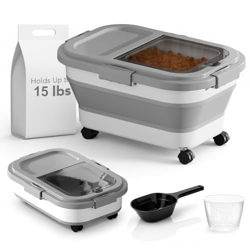 Summark 15 Lbs Dog/Cat Food Storage Container,Collapsible Food Storage Containers with Rolling Wheel Airtight Locking Lid,Pet Food Storage Container with Cup and Scoop,Grey - color: Grey