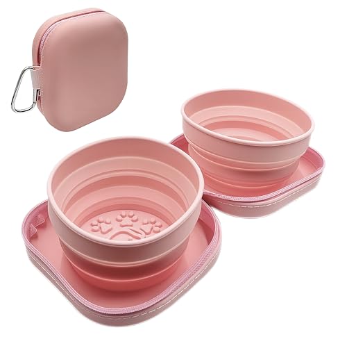 Portable Dog Bowl, Collapsible 2-in-1 Travel Dog Bowls with Carabiner Clip, Silicone Double Pet Food and Water Dish for Outdoor Camping and Hiking (Pink) - color: Pink