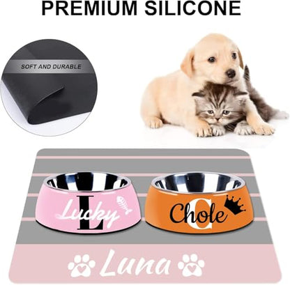 Personalized Dog & Cat Food Mat with Name Waterproof PU Pet Bowl Mat Non-Slip Rubber Bottom Easy Clean 3 Sizes (24"×16", 30"×20", 36"×24") (Striped) - color: Striped