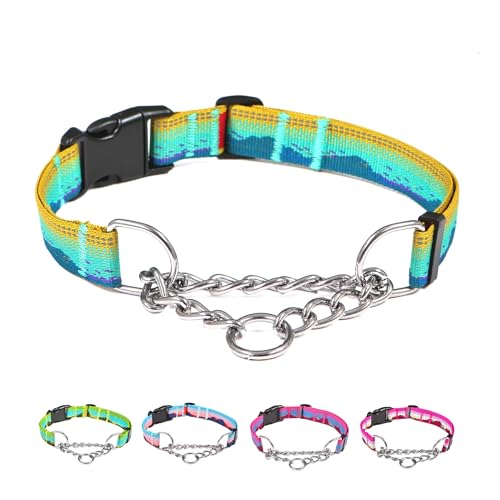 Martingale Dog Collars with Stainless Steel Chain, Reflective No Pull Walking Training Collar with Quick Release Buckle, Adjustable Slip Chain Nylon Dog Collars for Small Medium Large Dogs - color: Yellow and blue, size: Small