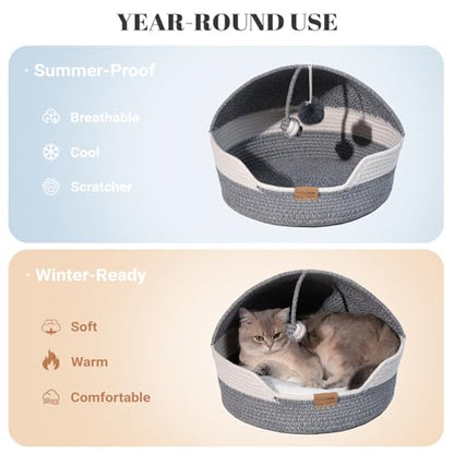 CHEERPALS Cat Basket Bed with Washable Cushion and Ball Rope Cotton, Covered Pet Bed for Indoor Cats Cave Bed Hooded, Stimulicat Cat Bed Handwoven Breathable, All Season Universal(Blue) - color: Blue