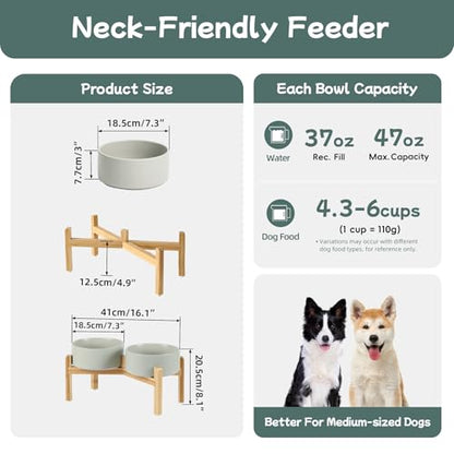 Havniva 7.3” Dog Bowls Elevated Ceramic Dog Food and Water Bowl Set, Double Raised Dog Water Bowl with Stand Non-Slip Rubber Base Large Capacity Feeding Pet Food Bowl for Medium Dogs - color: Matte Gray - 2 Bowls+Stand, size: 7.3 Inch