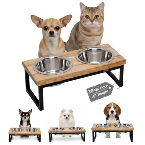 Elevated Dog Bowls, 4” Small Dogs & Cats Raised Bowl Mango Wood Stand, Food & Water 2 Stainless Steel Dishes Each 16oz/2Cup Capacity, Non-Slip Pet Feeder Station in Brown for Toy Breeds - size: 4 Inches / 16oz 2 Bowl