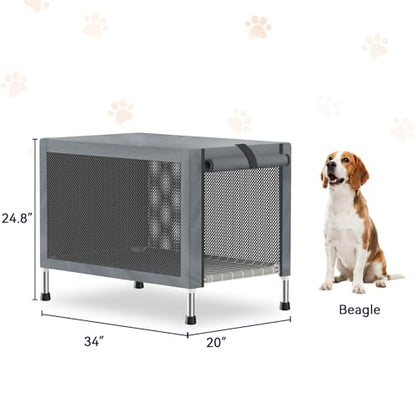 Medium Stainless Steel Elevated Dog Crate with Removable Cover, 2-in-1 Indoor & Outdoor Raised Pet House, Rust-Proof Dog Kennel with Silicone Anti-Slip Feet, Tool-Free Assembly - size: 32.0"L x 20.0"W x 24.0"H