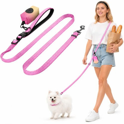 Kazazoo Hands-Free Dog Leash with Poop Bag Holder, Adjustable 4-7 Ft Waist for Dog Walking, Running for Small Dogs with Reflective Strips, Nylon Waist Belt, Pink - color: Pink