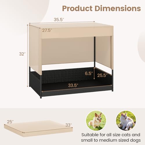 Tangkula Elevated Wicker Dog House for Small to Medium Breeds, Raised Rattan Pet Sofa Bed with Removable Cushion, Canopy Roof, Indoor & Outdoor Puppy Cat Shade Shelter for Patio, Yard, Garden