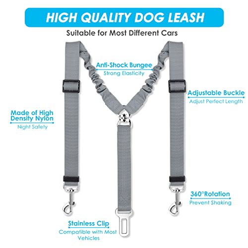 SlowTon Dog Seat Belt, Double Dog Seatbelt Adjustable Vehicle Safety Leash with Elastic Bungee Buffer, Reflective No Tangle Y Shape Two Dog Harness Seat Belt Splitter for Pets Car Trip (Grey, S) - color: G.Grey, size: 2 Small in 1