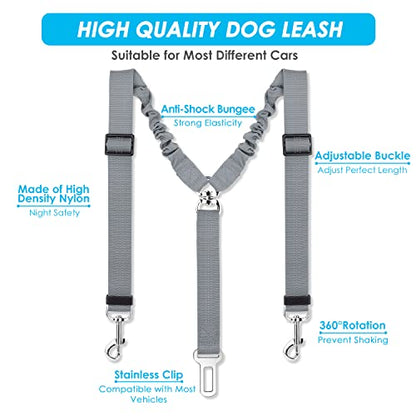 SlowTon Dog Seat Belt, Double Dog Seatbelt Adjustable Vehicle Safety Leash with Elastic Bungee Buffer, Reflective No Tangle Y Shape Two Dog Harness Seat Belt Splitter for Pets Car Trip (Grey, S) - color: G.Grey, size: 2 Small in 1