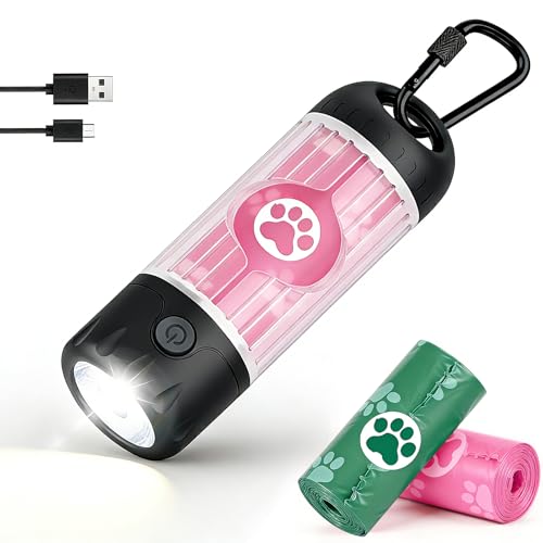 Dog Poop Bag Holder with Flashlight 7-Color, USB-C Rechargeable Poop Bag Displenser for Leashes, IPX6 Waterproof Anti-Slip Clip Pet Waste Bag Holder for Walking (1 Dispenser, 30 Bags)