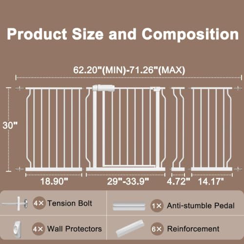 WAOWAO Baby Gate 158-181cm(62-71인치) 엑스트라 와이드 압력 장착 워크 스루 스윙 자동 닫힘 안전 화이트 메탈 유아 어린이 개 애완동물 강아지 계단, 출입구, 주방용 - color: 화이트., size: 62.2-70.6"/158-179.32cm