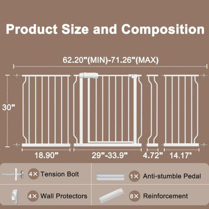 WAOWAO Baby Gate 158-181cm(62-71인치) 엑스트라 와이드 압력 장착 워크 스루 스윙 자동 닫힘 안전 화이트 메탈 유아 어린이 개 애완동물 강아지 계단, 출입구, 주방용 - color: 화이트., size: 62.2-70.6"/158-179.32cm