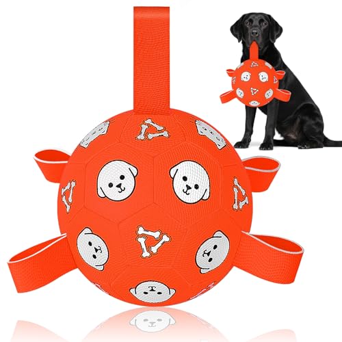 8 Inch Dog Soccer Ball with Straps, Jolly Ball for Medium Dogs | Interactive Dogs Toy for Tug of War, Water Toys, Durable Large Dog Balls for Outside Play Outdoor Training, Birthday Gift - color: Orange, size: Large-8 Inch