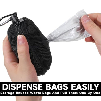 Black Dog Poop Bag Holder for Leash, Soft Fabric Zipper Doggy Waste Dispenser with Large Opening, Slim Pet Poop Carrier with Metal Carabiner Clip for Retractable Leash Walking Accessories (Black)