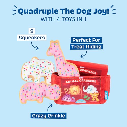 Barkbox Animal Squeakers 4-in-1 Interactive Plush Dog Toy - Squeaky Dog Toys with Crinkle Box and Treat-Hiding - for Extra Small to Small Dogs and Puppies