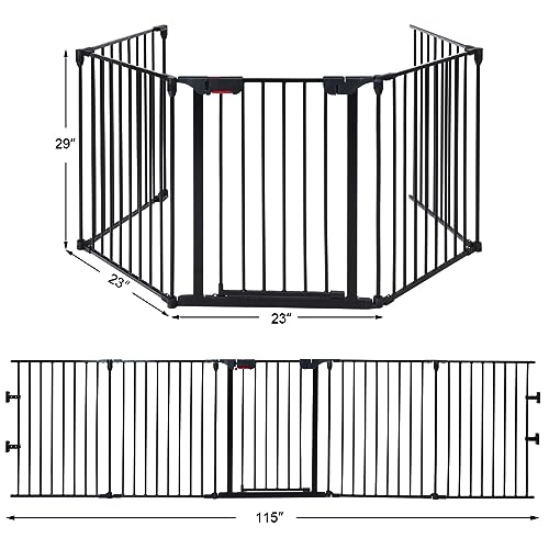 Costzon Baby Safety Gate, 121 Inch Length 5 Panel Adjustable Wide Fireplace Fence, BBQ Metal Fire Screen Gate, Pet Isolation Fence with Walk-Through Door, Freestanding Pets Gate - color: Black, size: 5-Panel