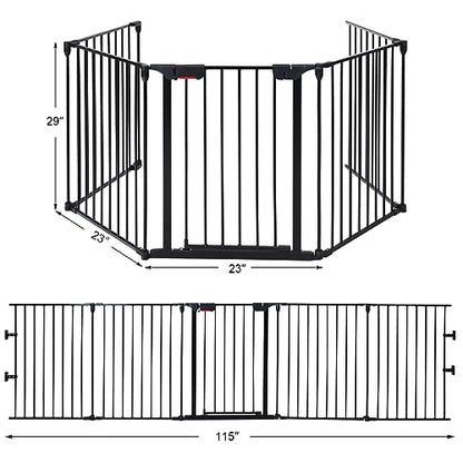 Costzon Baby Safety Gate, 121 Inch Length 5 Panel Adjustable Wide Fireplace Fence, BBQ Metal Fire Screen Gate, Pet Isolation Fence with Walk-Through Door, Freestanding Pets Gate - color: Black, size: 5-Panel