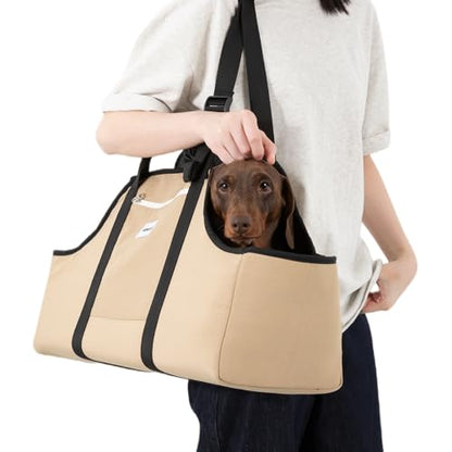 ETIAL Dachshund Shoulder Carrier Bag, Ergonomic Pet Sling with Adjustable Handheld & Crossbody Strap, Lightweight Ventilated Dog Purse for Small Long-Bodied Breeds,Safety Leash (Tan) - color: Tan