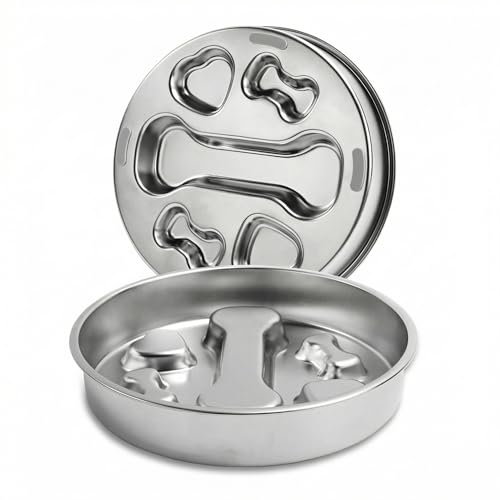 Slow Feeder Dog Bowl – 2 Cups Stainless Steel Puzzle Maze Bowl with Non-Slip Rubber Base, Upgraded 304 Food-Grade Metal Bloat Stop Anti-Gulping Slow Feed Bowl for Medium & Small Breeds