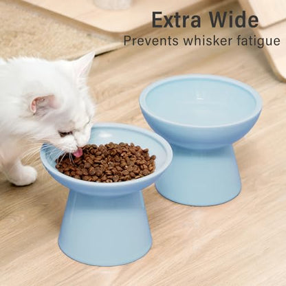 CEEFU 2 Elevated Ceramic Cat Bowls Extra Wide for Food & Water – Whisker Fatigue Shallow Food Dish, Lead & Cadmium-Free, Raised Height for Cats, Blue - color: Baby Blue