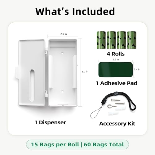 URSPET Dog Poop Bag Dispenser with 4 Rolls, Wall Mount Pet Waste Holder | Stick-On or Screw-On, Viewing Window, Easy Bag Pull, Flip-Top Refill, 60 Bags Included, Indoor and Outdoor Use - color: White